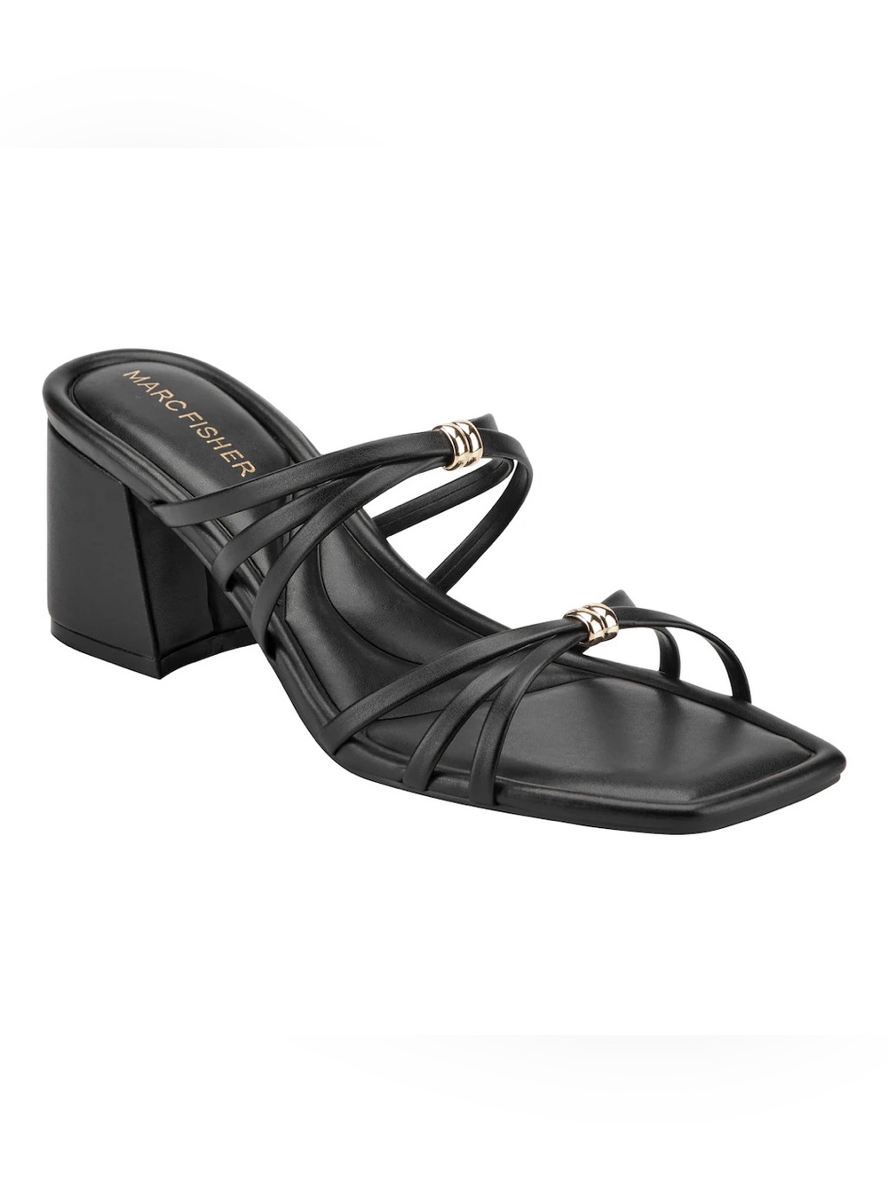Marc Fisher Black Strappy Block Heel Mule with Gold Accents
